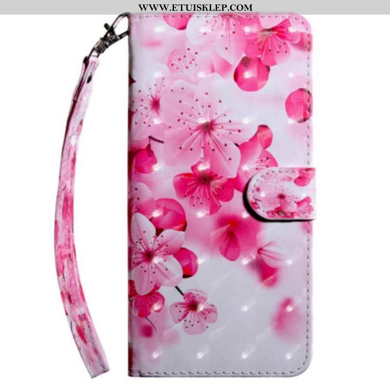Skórzany Futerał do Samsung Galaxy A14 / A14 5G z Łańcuch Paskowate Różowe Kwiaty